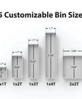 Graphic showing dimensions of customizable bin sizes for Customizable 1x1T Thin Bins For Tackle Boxes With Interlocking Seal HexLok Grid Flexible Inside Layout No Travel Bins For Secure Modular Organization Rust Resistant Plastic.
