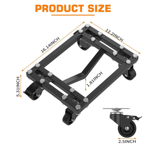 Heavy Duty Set Of 4 Car Wheel Dollies Featuring 6000 Lbs Capacity Tire Skates Cart dimensions with locking casters and sturdy framework.