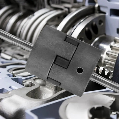 Close-up of a 3 Piece L Jaw Coupling Set For CNC Featuring Flexible Spider Insert, used in industrial applications.