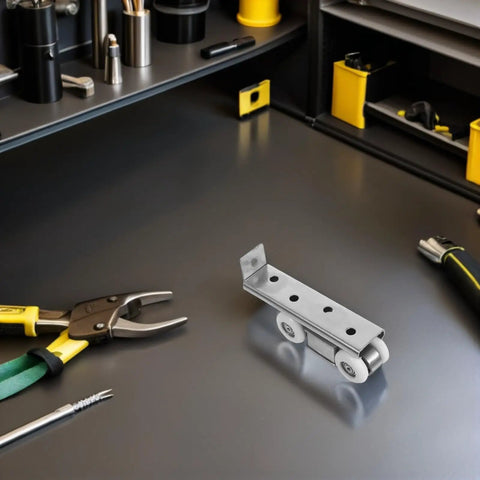 Heavy Duty Stainless Steel Sliding Door Track Pulley With Four Nylon Rollers fixes sticking closets on a workbench with tools.