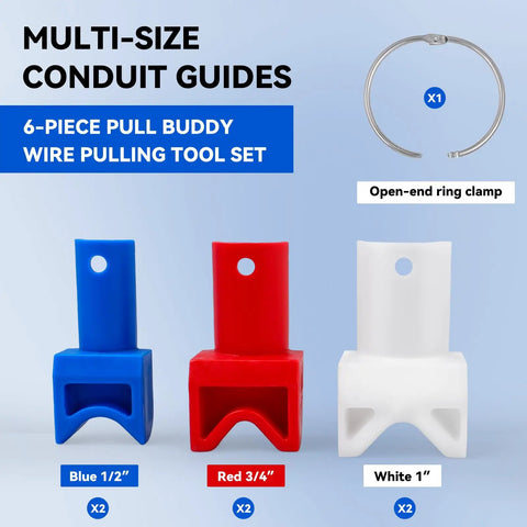 Pull Buddy Wire Pulling Kit For Electricians Rack A Tiers Six Piece Pro Grade Set with blue, red, white guides and ring holder