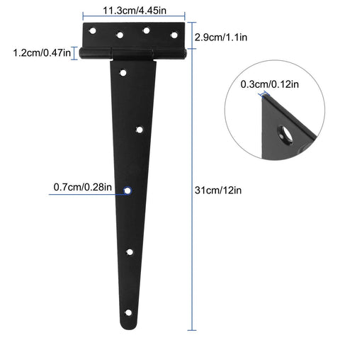 Diagram of Six Pack 12 Inch T Strap Shed Hinge Set in black heavy duty iron, showing dimensions for barn gates and outdoor use, rust resistant.