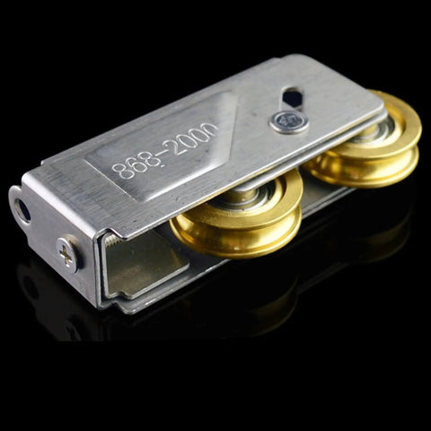 Heavy Duty Double Track Sliding Door Pulleys Featuring Stainless Steel And Copper Components Quiet Glide Cupboard And Pantry Hardware Set showing dual stainless steel rollers and copper wheels.