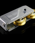 Double Wheel Sliding Door Pulleys With Stainless Steel And Copper Build For Rock Solid Barn Door and Cabinet Replacement Fittings, close-up of wheels.
