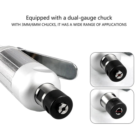 Hella Fast Pneumatic Air Die Grinder With Blistering 25000 RPM Spin showing dual-gauge chuck for 3mm/6mm bits.