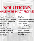 Solutions made with T-slot profiles including workstations, safety guards, and displays for various applications.