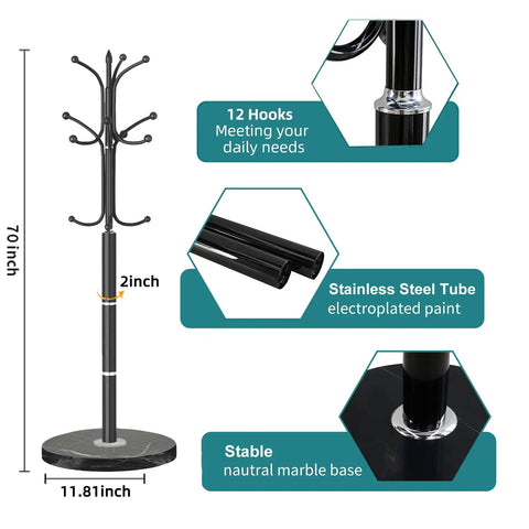 Marble Base Coat Rack With 12 Hooks, Freestanding Metal Coat Tree Stand For Entryway And Hallway showing dimensions and material details.