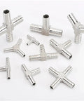 304 Stainless Steel Hose Tail Connectors, T Type And Y Type Pipe Fittings For 6mm To 12mm Hoses, 40mm Tee Size, Heavy Duty Quick Connects, Durable Water Line Fittings For Home, DIYers And Garden Projects. Assorted T and Y connectors on white background