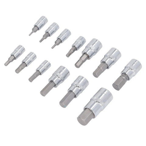 Complete Hex Bit Socket Set With 13 Essential Pieces Covering 2mm To 14mm With Versatile 1/4 3/8 And 1/2 Inch Drive displayed in a row.