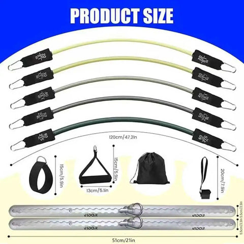 Hella Durable Resistance Band Wall Mount Rack With Two Sturdy Aluminum Brackets And Five Thick Elastic Cords for gym training size diagram.