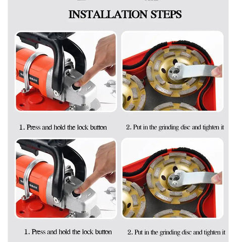 Installation steps for Heavy Duty 2800W Corded Angle Grinder With Six Speed Settings And Detachable Head, showing disc attachment.