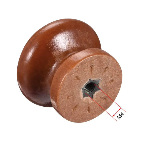 Top Shelf Round Wooden Cabinet Knobs 10 Pack Sweet Red Finish Solid Wood With Included Screws close-up of wood knob showing M4 screw hole.