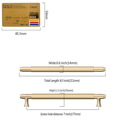 Premium Knurled Gold Cabinet Pulls Ten Pack Slick Seven Inch Center Metal Drawer Handles dimensions shown with credit card for size reference.