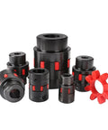 Top Shelf Flexible Shaft Coupler With Clamp Type Jaw Spider Design Rock Solid Plum Steel Construction For Motor And Ballscrew Drives Delivers Slick Alignment And Play Free Motion In A 45 By 45 Millimeter Bore featuring various sizes of robust black and red couplers.