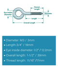 Diagram showing dimensions for Hardcore M3 X 1-1/2 Inch Screw Eyes Pack Of Twenty Rock Solid Heavy Duty Lag Eye Bolts.