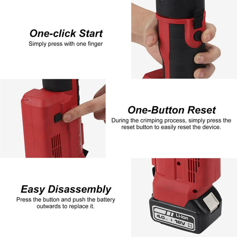 Heavy Duty Electric Hydraulic Cable Cutter with LED Display and Carrying Case for Copper Aluminum Armor Wires up to 85mm showing one-click start features.