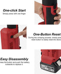 Heavy Duty No BS Electric Hydraulic Cable Cutter Provides Kickass Cutting Force Through Copper Wire And Armored Cable Up To Eighty Five Millimeter Thick Swift Action With Comfort Handles For Field Pros showing buttons for easy one-click start and reset.