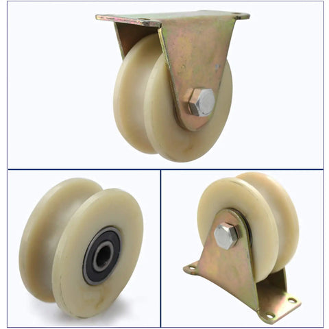Heavy Duty U Channel Sliding Gate Rollers With Precision Nylon Bearings Rock Smooth Glide Build For Inverted Track Doors And Shop Equipment Built Tough For Hassle Free Sliding And Zero Vibration 4 Inch 2 Pack, showing detailed close-up views.