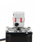 Close-up of Hardcore Aluminum Flexible Shaft Coupler fits 8mm to 10mm bore on stepper motor, showcasing vibration damping design.