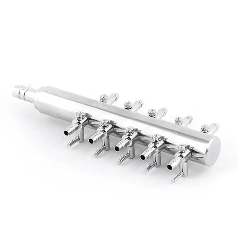 Stainless Steel Aquarium 10 Way Inline Manifold Air Tubing Splitter Lever Control Valve Straight Up Game Changer For Smooth Fish Tank Flow No Sweat Setup Today, showing the valve with multiple outlets.