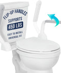 Rock Solid Heavy Duty Toilet Safety Rails With Flip Up Grab Handles Built Like A Tank Support Frame For Seniors And Mobility Aid Durable Steel Wide Base Anti Slip Feet, close-up view of flip-up handles.