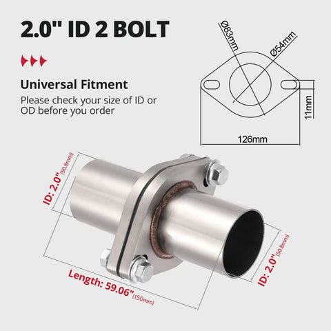 Beefy 2 Bolt Exhaust Flange Repair Kit With Solid 304 Stainless Steel Pipe and Gasket Set showing 2 inch pipe and flanges.