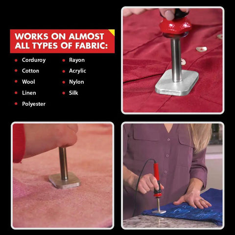 No Sew Electric Wand Kit With Premium Adhesive Powder For Clothing Repairs in use on various fabrics, showing its versatility and ease.