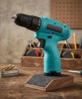 Built Tough 12V Cordless Drill With 25 Plus 1 Torque Settings And Dual Speed Modes on display with a wooden base for stability.