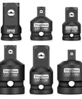 Impact Socket Adapter And Reducer Set In One Quarter, Three Eighths, And One Half Inch Sizes, Chrome Vanadium Steel, six adapters