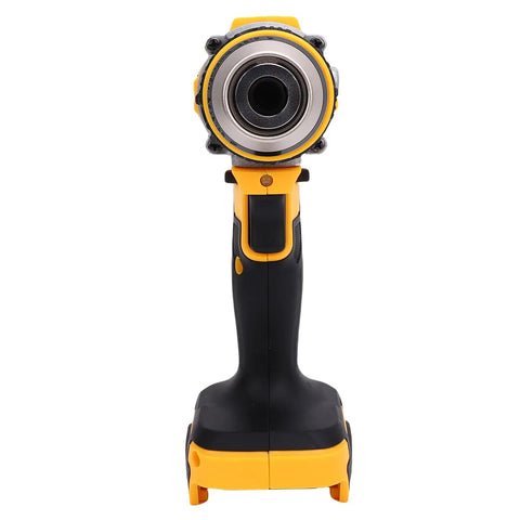 High Torque Cordless Drill With Brushless Motor And 100Nm Output For Home Improvement Projects handheld front view with yellow design.