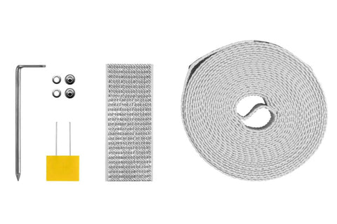 Top Tier Blind Strap Replacement Kit For Retractable Window Coverings showing gray webbing, clips, tools for installation.