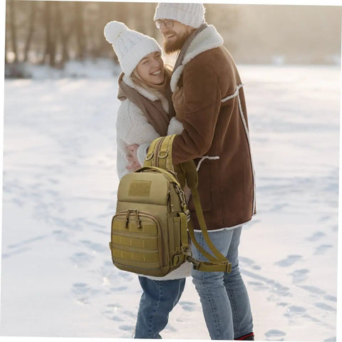 Couple in winter holding Camouflage Oxford Cloth Outdoor Fishing Backpack With Large Capacity Tactical Hiking Daypack For Men Women And Boys Tough Camping Gear Organizer For Trekking Travel And Everyday Adventures