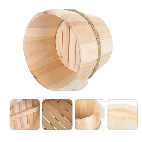 Kickin Flavor Infusion Starts With This Handmade Wooden Rice Steamer Bucket And Tight Fitting Lid showing polished light brown wood.