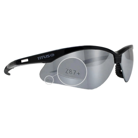 Top Shelf Mirror Shooting Safety Glasses Featuring Ansi Z87 Impact Rating And Uv400 Sun Guard Lenses Built Tough For The Range And Casual Outdoor Runs Today, close-up of black frame with Z87+ certification.