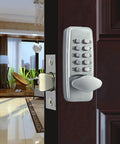 Rock Solid Waterproof Mechanical Deadbolt Door Lock featuring rust proof aluminum alloy steel keyless entry panel on wooden door.