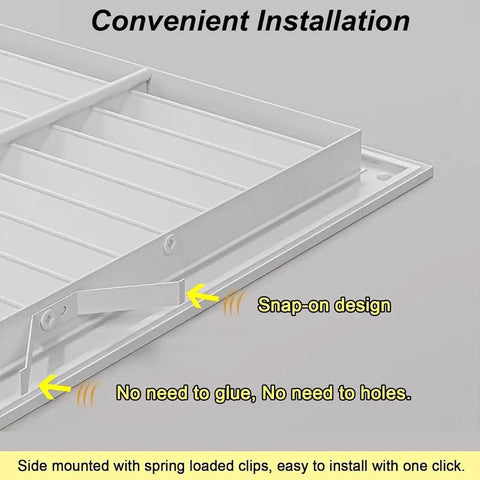 Close-up of Professional Grade Return Air Grille with snap-on design, featuring easy installation clips and gray finish.