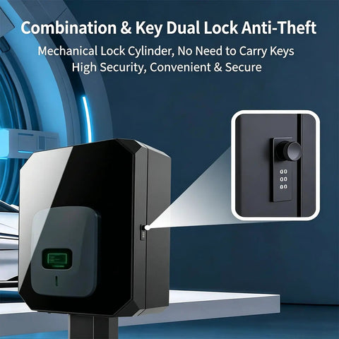Tough As Nails Outdoor EV Charger Box With Thick Waterproof Shield And Heavy Duty Combo Lock close-up of dual lock anti-theft system.