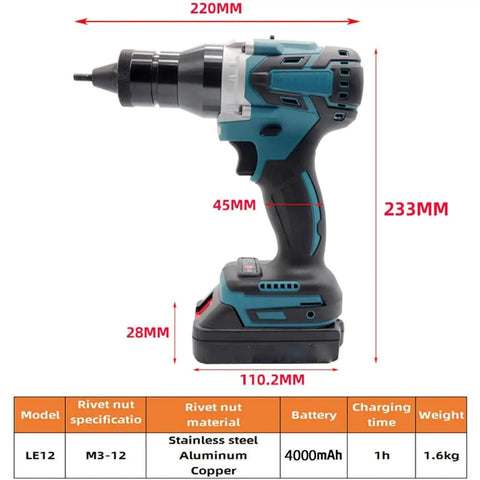 Cordless Electric Rivet Gun And Nut Setter Kit With Rechargeable Battery Charger Plus Rugged Carry Case No Cord Hassles Grab And Roll Power Tool M3 to M12 specifications showing dimensions and features.