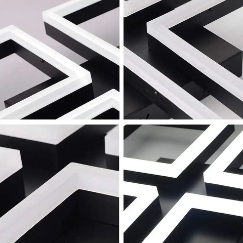 Close-up of Dope Modern 4 Panel Aluminum Frame LED Ceiling Light Fixtures 52W Flush Mount, matte black and cool white finish