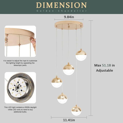 Crystal Pendant Lights With 5 LED Bulbs In Daylight White 5000K Modern Brushed Brass Ceiling Hanging Fixtures With Glass Globes