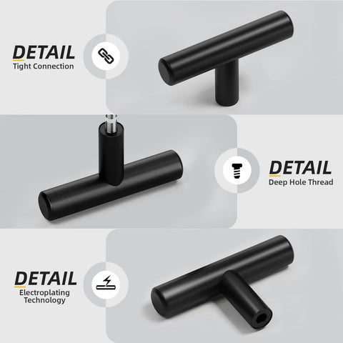 Level Up Your Home Decor With These Badass Matte Black Cabinet Knobs And Drawer Pulls Made From Hella Durable Stainless Steel T Bar Style Handle Design Perfect For Modern Kitchen And Bathroom Renovation Projects 10 Piece Set Included showing matte black T-bar handle with tight connection details.