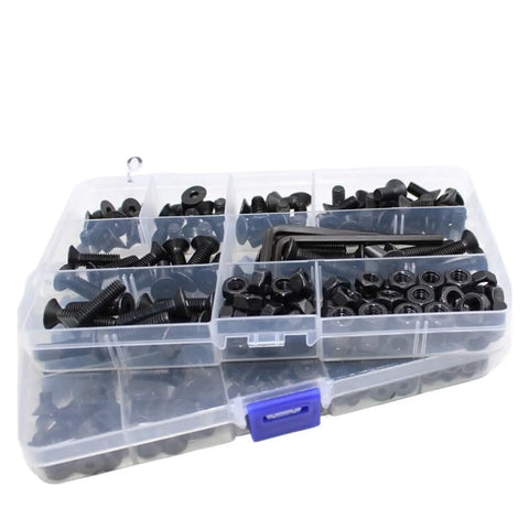 Heavy Duty Countersunk Flat Head Hex Bolt Nut Set Kit M2 To M6 Black Grade 10.9 Steel Hex Socket Screws 482 Piece Bundle in organizer