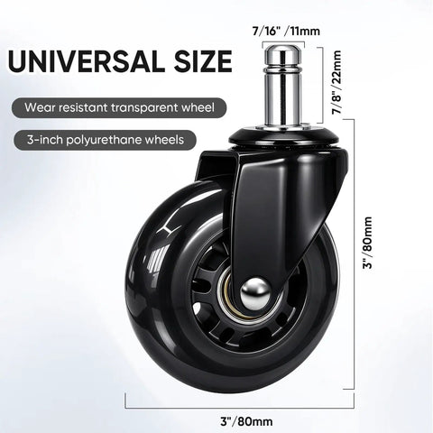 Top Shelf Replacement Office Chair Wheels Universal 3 Inch Heavy Duty Caster Tires with wear resistant transparent wheel.