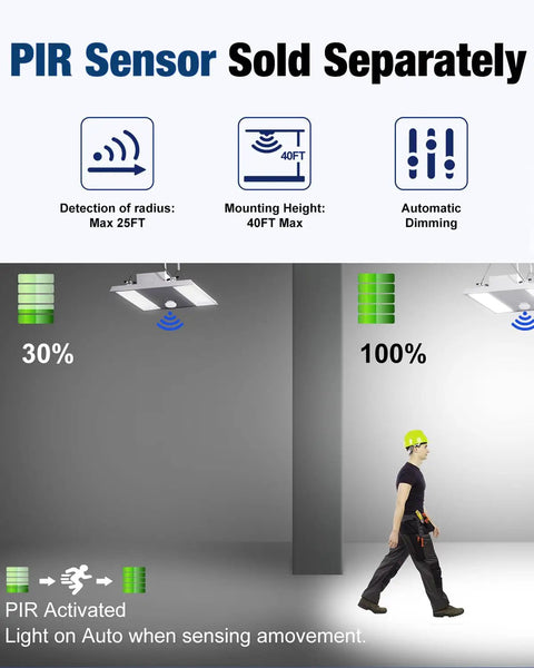 PIR sensor compatibility and detection range for Adjustable Wattage High Bay LED Shop Light 4FT 2 Pack