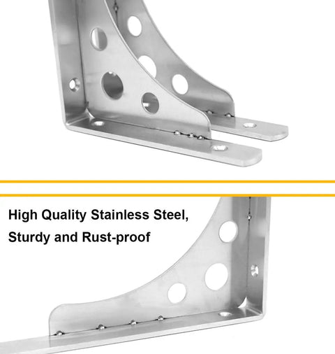 Heavy Duty Shelf Brackets 4 Pack 8 Inch Stainless Steel Wall Corner Supports showcasing rust-proof design and sturdy construction.