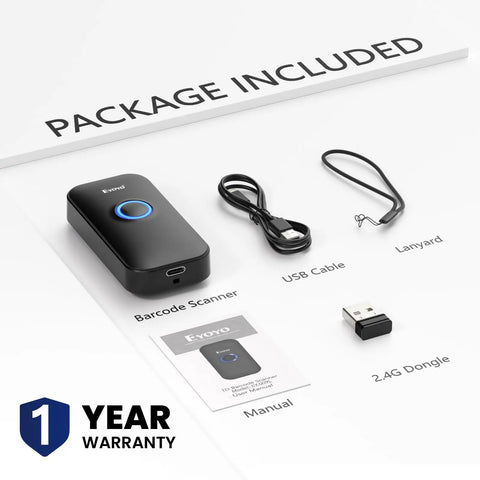 Ultra Compact 1D Bluetooth Barcode Scanner With Three In One Connection Bluetooth USB Wired And Two Point Four GHz Wireless package