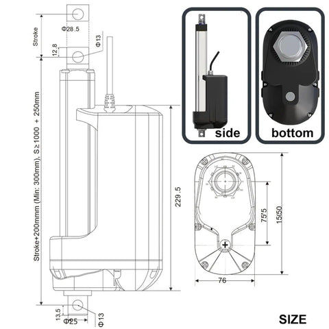 Heavy Duty 12000N Electric Linear Actuator 12V IP67 Waterproof 304 Stainless Steel Frame technical diagram and dimensions.