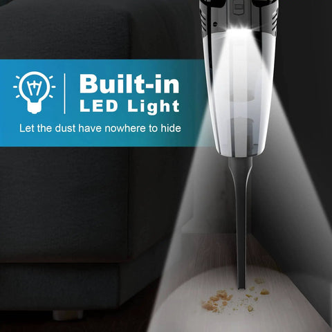Cordless Handheld Vacuum Cleaner With LED Light 2 Suction Modes showing LED illuminating dust under furniture