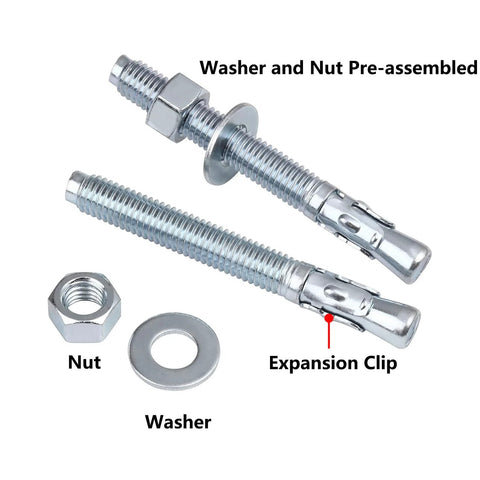 12 Pieces Three Eighths Inch By Four Inch Zinc Plated Wedge Anchor Heavy Duty Concrete Fasteners Carbon Steel Expansion Bolts shown with washer and nut pre-assembled.