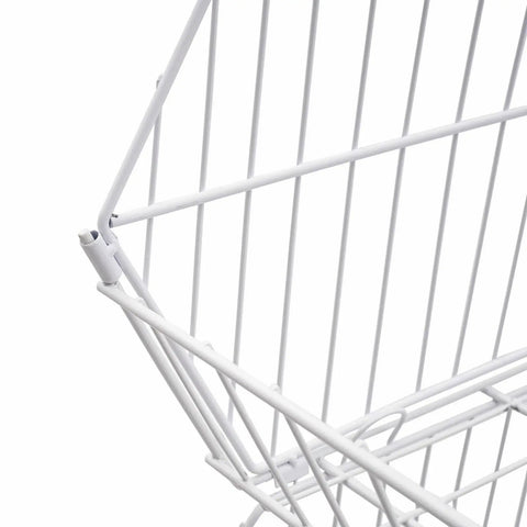 Close-up of Built Tough Five Tier Rolling Wire Display Rack With Heavy Duty Caster Wheels in fresh white, highlighting angled mesh baskets.